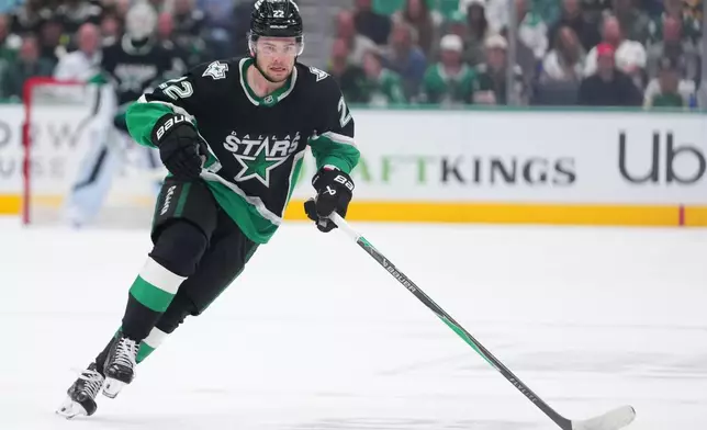 FILE - Dallas Stars center Mavrik Bourque skates during the first period in Game 5 of a first-round NHL Stanley Cup playoffs hockey series between the Dallas Stars and the Minnesota Wild, April 28, 2026, in Dallas. (AP Photo/Julio Cortez, File)