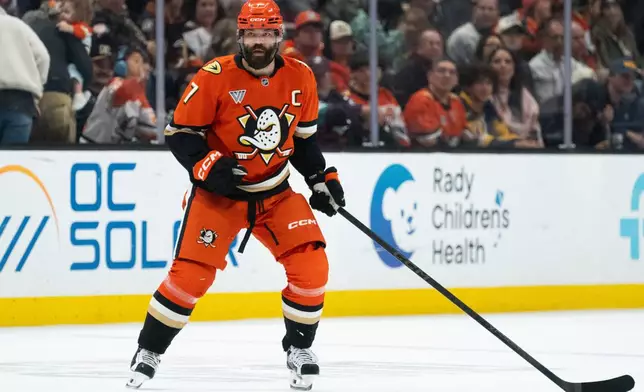 FILE - Anaheim Ducks defenseman Radko Gudas skates during an NHL hockey game against the Winnipeg Jets, Feb. 27, 2026, in Anaheim, Calif. (AP Photo/Kyusung Gong, File)