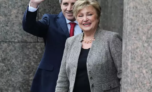 President of the International Monetary Fund Kristalina Georgieva, right, and Argentina Economy Minister Luis Caputo arrive at the Economy Ministry for a meeting in Buenos Aires, Argentina, Monday, July 27, 2026. (AP Photo/Gustavo Garello)