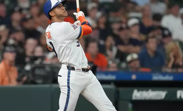 Houston Astros' Jeremy Pena watches his grand slam off Miami Marlins starting pitcher Janson Junk during the second inning of a baseball game, Monday, July 20, 2026, in Houston. (AP Photo/Karen Warren)