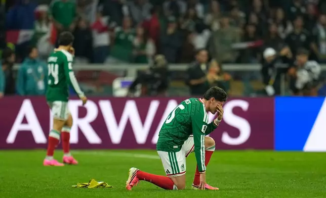 Mexico's Israel Reyes (15) reacts after during the World Cup round of 16 soccer match between Mexico and England in Mexico City, Sunday, July 5, 2026. (AP Photo/Ricardo Mazalan)