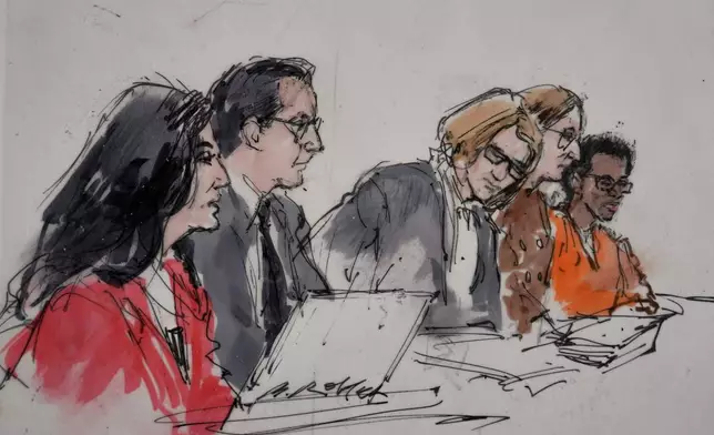 In this courtroom sketch, David Anthony Burke, also known as D4vd, far right, is seen in court Tuesday, July 21, 2026, in Los Angeles, during his trial for the killing of Celeste Rivas Hernandez. (Bill Robles via AP)