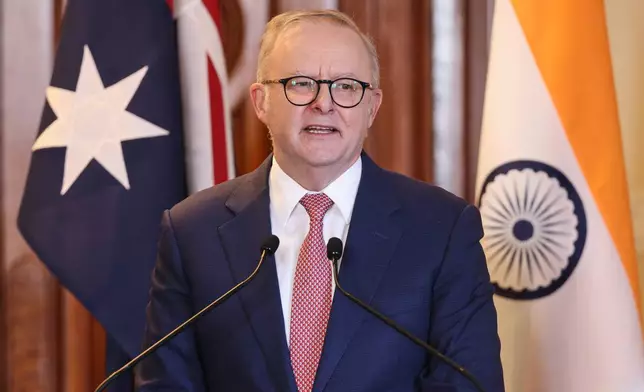 Australian Prime Minister Anthony Albanese speaks during a joint press conference with Indian Prime Minister Narendra Modi in Melbourne, Australia, Thursday, July 9, 2026. (AP Photo/Hamish Blair)