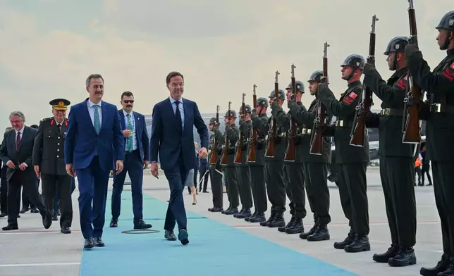 NATO Secretary General Mark Rutte, center, arrives ahead of the NATO Summit in Ankara, Turkey, Monday, July 6, 2026. (Abdullah Güçlü, Pool Photo via AP)