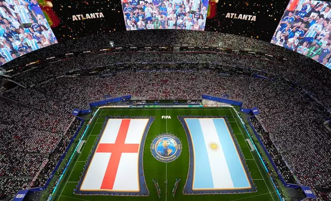 The flags of England and Argentina are seen before the World Cup semifinal soccer match between England and Argentina in Atlanta, Wednesday, July 15, 2026. (AP Photo/George Walker IV)