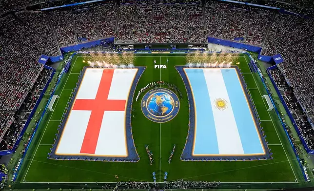 England and Argentina stand before the World Cup semifinal soccer match between England and Argentina in Atlanta, Wednesday, July 15, 2026. (AP Photo/George Walker IV)