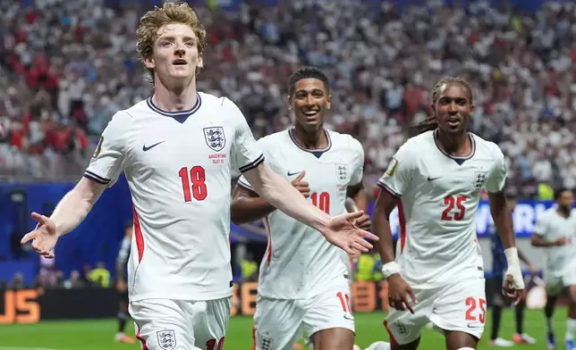 England's Anthony Gordon (18) celebrates after scoring the opening goal during the World Cup semifinal soccer match between England and Argentina in Atlanta, Wednesday, July 15, 2026. (AP Photo/Stephanie Scarbrough)