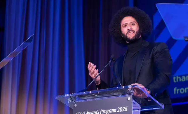 Colin Kaepernick speaks at the ACLU's 2026 Biennial Leadership Conference, Friday, July 24, 2026, in Washington. (AP Photo/Kevin Wolf)