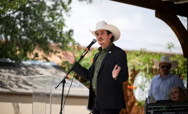 Democratic candidate for Texas agriculture commissioner Clayton Tucker speaks at a rally, Saturday, July 18, 2026, in Lubbock, Texas. (AP Photo/Justin Rex)