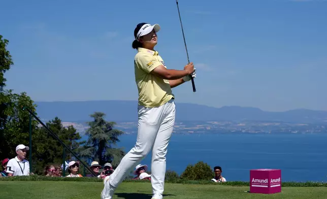 Haeran Ryu, of South Korea, plays on the 5th hole during the last round of the Evian Championship women's golf tournament, in Evian, eastern France, Sunday, July 12, 2026. (AP Photo/Laurent Cipriani)