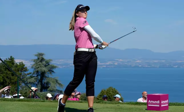 Brooke Henderson, of USA, plays on the 5th hole during the last round of the Evian Championship women's golf tournament, in Evian, eastern France, Sunday, July 12, 2026. (AP Photo/Laurent Cipriani)