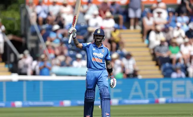 India's Virat Kohli celebrates making fifty runs during the second ODI between England and India at Sophia Gardens, Cardiff, Wales, Thursday July 16, 2026. (Steven Paston/PA via AP)