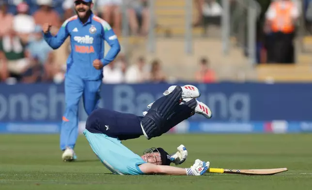 England's Harry Brook before being caught out during the second ODI between England and India at Sophia Gardens, Cardiff, Wales, Thursday July 16, 2026. (Steven Paston/PA via AP)