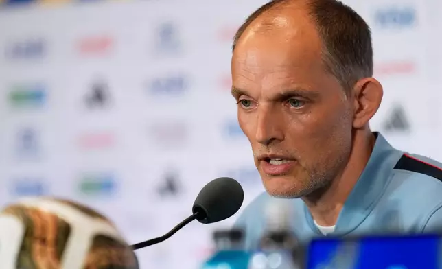 England's head coach Thomas Tuchel responds to a question during a news conference ahead of their third-place World Cup soccer match against France, Friday, July 17, 2026, in Miami Gardens, Fla. (AP Photo/Lynne Sladky)