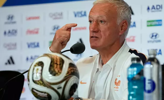 France's head coach Didier Deschamps speaks during a news conference ahead of their third-place World Cup soccer match against England, Friday, July 17, 2026, in Miami Gardens, Fla. (AP Photo/Lynne Sladky)