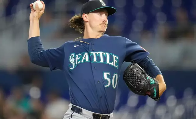 Seattle Mariners starting pitcher Bryce Miller (50) throws during the first inning of a baseball game against the Miami Marlins, Thursday, July 9, 2026, in Miami. (AP Photo/Lynne Sladky)