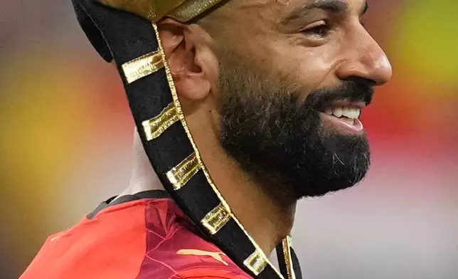 Egypt's Mohamed Salah celebrates after winning a penalty shootout against Australia following a World Cup round of 32 soccer match in Arlington, Texas, near Dallas, Friday, July 3, 2026. (AP Photo/Julio Cortez)