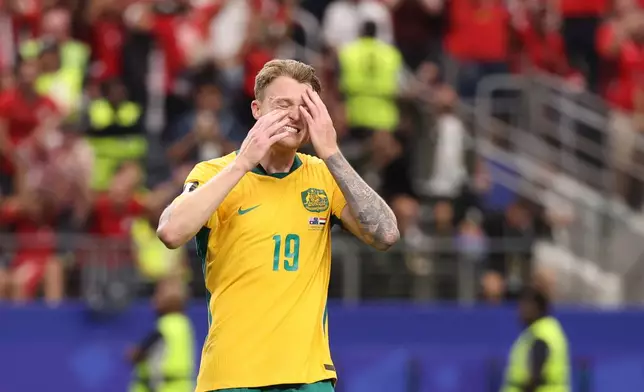 Australia's Harry Souttar reacts after misses a penalty during a shootout at the World Cup round of 32 soccer match between Australia and Egypt in Arlington, Texas, near Dallas, Tuesday, Friday, July 3, 2026. (AP Photo/Sam Hodde)