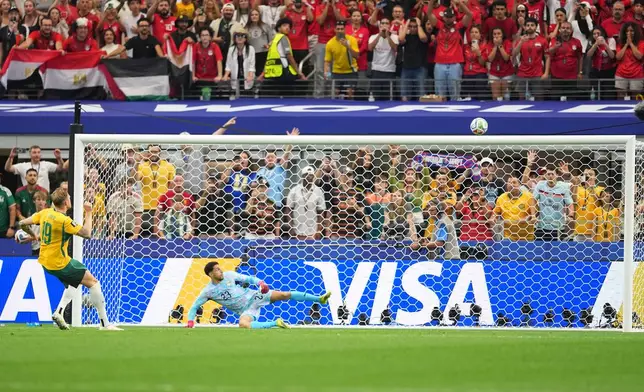 Australia's Harry Souttar misses a penalty kick during a shootout against Egypt in a World Cup round of 32 soccer match in Arlington, Texas, near Dallas, Friday, July 3, 2026. (AP Photo/Julio Cortez)