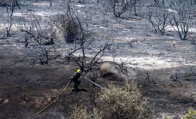 FILE - A firefighter battles a wildfire on the slopes above Simon's Town, South Africa, Dec. 19, 2023. (AP Photo, File)