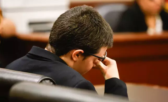 Colt Gray reacts during his sentencing hearing at Barrow County Superior Court in Winder, Ga., Tuesday, July 28, 2026. (Arvin Temkar/Atlanta Journal-Constitution via AP, Pool)