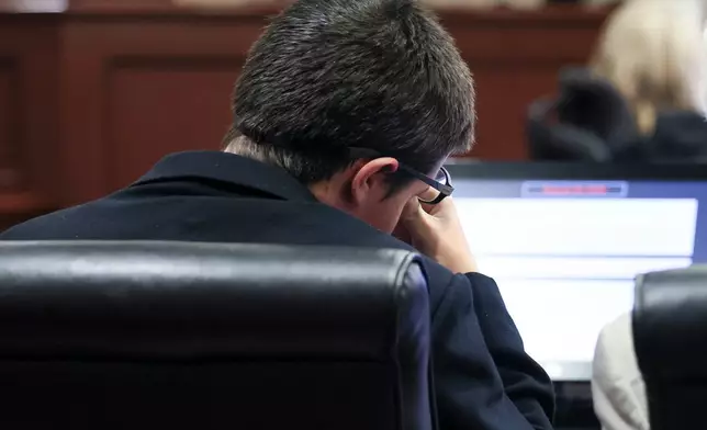 Colt Gray, the 16-year-old Apalachee High School shooting suspect, reacts during his sentencing at Barrow County Superior Court, Monday, July 27, 2026, in Winder, Ga. (Jason Getz/Atlanta Journal-Constitution via AP)