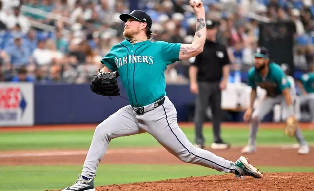 Seattle Mariners pitcher Gabe Speier throws during the seventh inning of a baseball game against the Tampa Bay Rays Saturday, July 11, 2026, in St. Petersburg, Fla. (AP Photo/Jason Behnken)