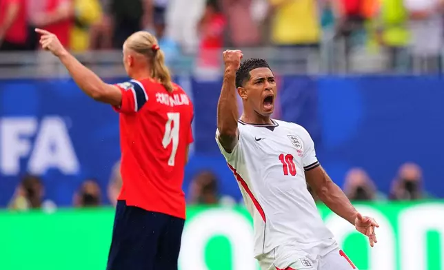 England's Jude Bellingham celebrates scoring his side's opening goal against Norway during a World Cup quarterfinal soccer match in Miami Gardens, Fla., Saturday, July 11, 2026. (AP Photo/Julio Cortez)