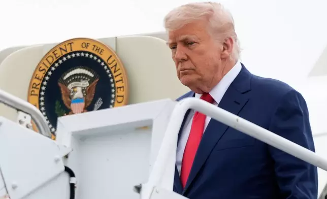 FILE - President Donald Trump arrives on Air Force One at Hagerstown Regional Airport, in Hagerstown, Md., en route to Camp David, Md., June 8, 2025. (AP Photo/Manuel Balce Ceneta, File)