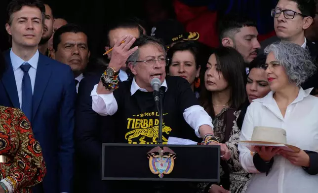 President Gustavo Petro speaks after a military parade marking Independence Day in Bogota, Colombia, Monday, July 20, 2026. (AP Photo/Fernando Vergara)