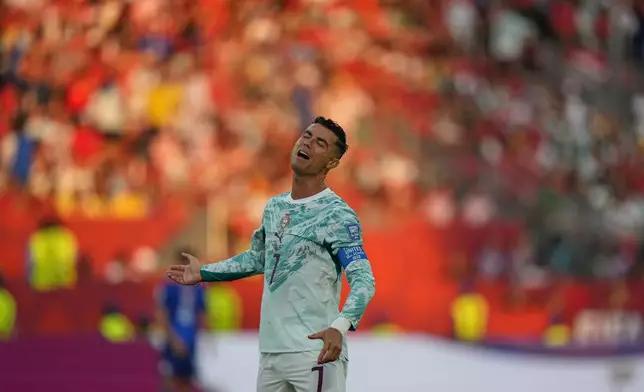Portugal's Cristiano Ronaldo gestures during the World Cup round of 32 soccer match against Croatia in Toronto, Thursday, July 2, 2026. (AP Photo/Stephanie Scarbrough)