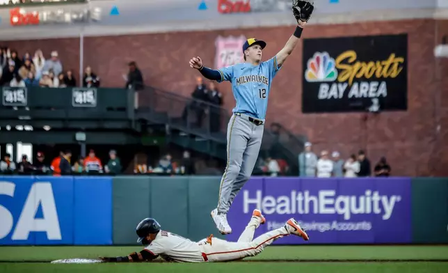 San Francisco Giants' Luis Arraez steals second as Milwaukee Brewers' Cooper Pratt (12) leaps for a high throw from the catcher during the third inning of a baseball game in San Francisco, Monday, July 27, 2026. (Carlos Avila Gonzalez/San Francisco Chronicle via AP)