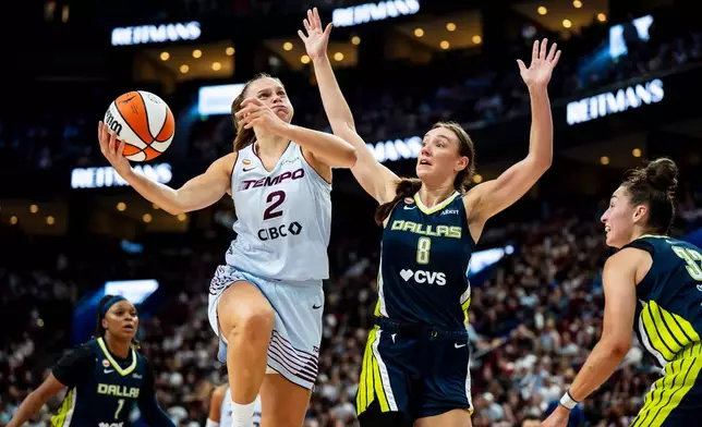 Toronto Tempo's Laura Juskaite (2 ) lays up the ball over Dallas Wings' Alanna Smith (8) during first half of a WNBA basketball game, in Montreal on Friday, July 10, 2026. (Christopher Katsarov/The Canadian Press via AP)