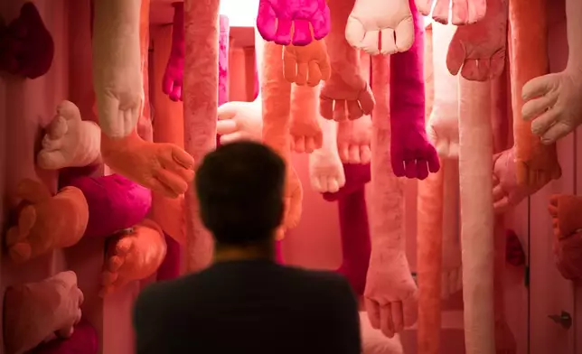 A visitor views an installation by Nathalie Auzepy during the "Hospital of Emotions" exhibition inside a former hospital building in Los Angeles, Wednesday, July 22, 2026. (AP Photo/Jae C. Hong)