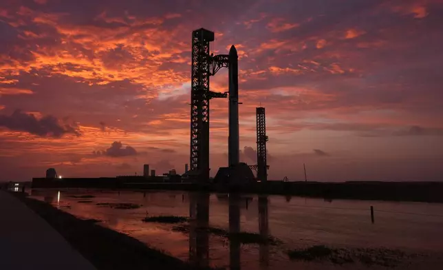 SpaceX's mega rocket Starship is prepared for a test flight from Starbase, Texas, Thursday, July 16, 2026. (AP Photo/Eric Gay)