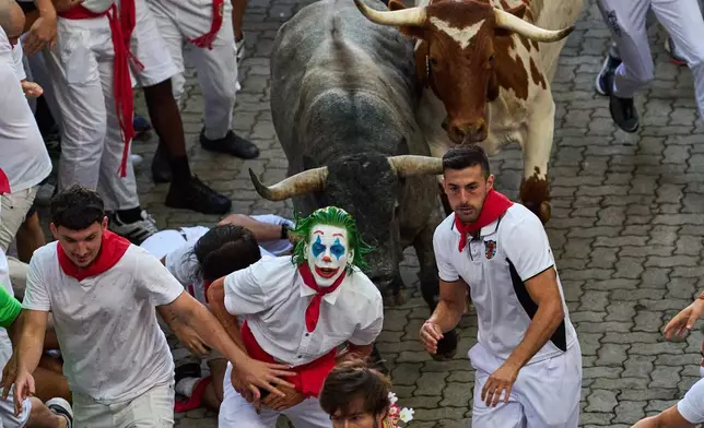 Revelers run alongside Jose Escolar's fighting bulls during the fifth running of the bulls at the San Fermín festival in Pamplona, Spain, Saturday, July 11, 2026. (AP Photo/Miguel Oses)