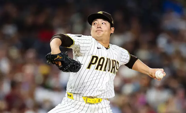 San Diego Padres' Yuki Matsui works against an Arizona Diamondbacks' batter in the fifth inning of a baseball game Thursday, July 9, 2026, in San Diego. (AP Photo/Derrick Tuskan)