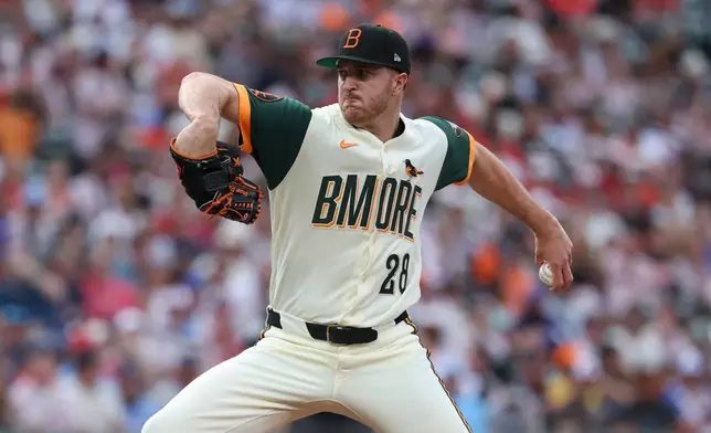 Baltimore Orioles pitcher Trevor Rogers throws during the first inning of a baseball game against the Atlanta Braves, Friday, July 24, 2026, in Baltimore. (AP Photo/Terrance Williams)