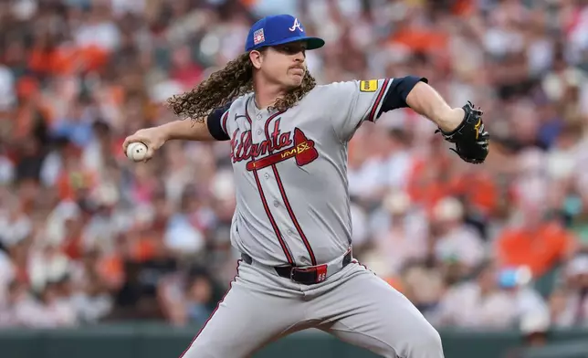 Atlanta Braves pitcher Grant Holmes throws during the third inning of a baseball game against the Baltimore Orioles, Friday, July 24, 2026, in Baltimore. (AP Photo/Terrance Williams)