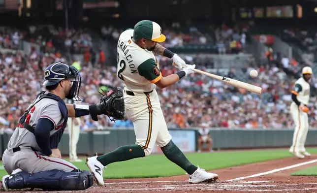 Baltimore Orioles' Christian Encarnacion-Strand hits a double off Atlanta Braves pitcher Grant Holmes which scored Leody Taveras and Jackson Holliday during the second inning of a baseball game, Friday, July 24, 2026, in Baltimore. (AP Photo/Terrance Williams)