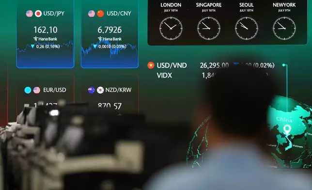 A dealer walks past near the screens showing the foreign exchange rates at a dealing room of Hana Bank in Seoul, South Korea, Friday, July 10, 2026. (AP Photo/Lee Jin-man)