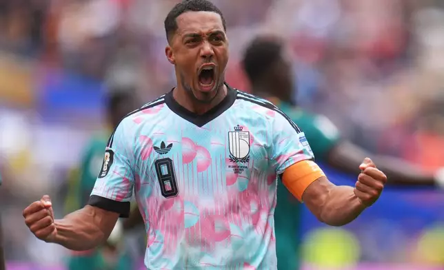 Belgium's Youri Tielemans (8) celebrates after scoring during the World Cup round of 32 soccer match between Belgium and Senegal in Seattle, Wednesday, July 1, 2026. (AP Photo/Manu Fernandez)
