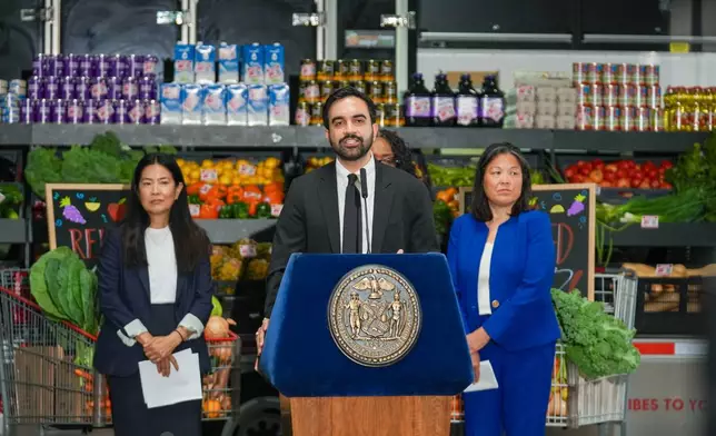 New York City Mayor Zohran Mamdani speaks at an announcement event of a city-wide, discounted grocery plan for city-run municipal grocery stores, in the Brooklyn borough of New York, Monday, July 27, 2026. (AP Photo/Ryan Murphy)