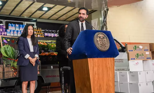 New York City Mayor Zohran Mamdani speaks at an announcement event of a city-wide, discounted grocery plan for city-run municipal grocery stores, in the Brooklyn borough of New York, Monday, July 27, 2026. (AP Photo/Ryan Murphy)