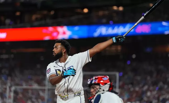 Tampa Bay Rays' Junior Caminero competes during the MLB baseball All-Star Home Run Derby, Monday, July 13, 2026, in Philadelphia. (AP Photo/Matt Rourke)