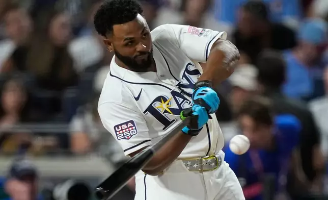 Tampa Bay Rays' Junior Caminero competes during the MLB baseball All-Star Home Run Derby, Monday, July 13, 2026, in Philadelphia. (AP Photo/Matt Slocum)