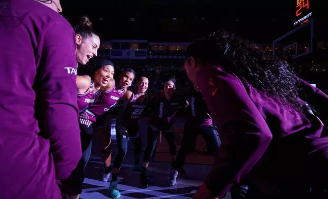 The Toronto Tempo huddle before a WNBA basketball game against the Los Angeles Sparks in Toronto, Thursday, June 25, 2026. (Sammy Kogan/The Canadian Press via AP)