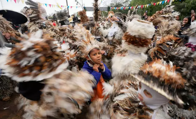 Parishioners wearing a birdlike costumes dance in the annual procession honoring 16th-century St. Francis Solano in Emboscada, Paraguay, Friday, July 24, 2026. (AP Photo/Jorge Saenz)