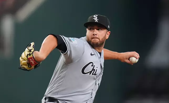 Chicago White Sox starting pitcher Anthony Kay throws during the first inning of a baseball game against the Texas Rangers, Wednesday, July 22, 2026, in Arlington, Texas. (AP Photo/LM Otero)