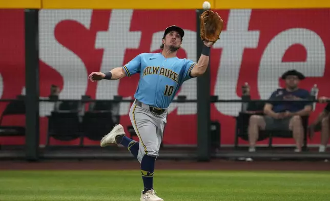 Milwaukee Brewers right fielder Sal Frelick makes a running catch on a ball hit by Arizona Diamondbacks' Tommy Troy in the third inning of a baseball game, Friday, July 3, 2026, in Phoenix. (AP Photo/Rick Scuteri)